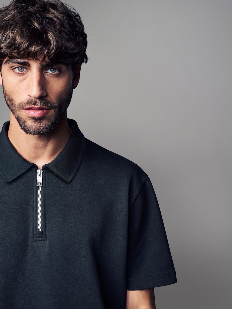 Black Relaxed Fit Heavyweight Quarter Zip Polo Shirt - Image 4 of 7