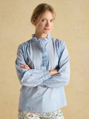 Бело-синяя - Хлопковая блузка с оборками Joules Melanie - Изображение 1 из 8