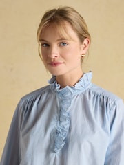 Бело-синяя - Хлопковая блузка с оборками Joules Melanie - Изображение 3 из 8