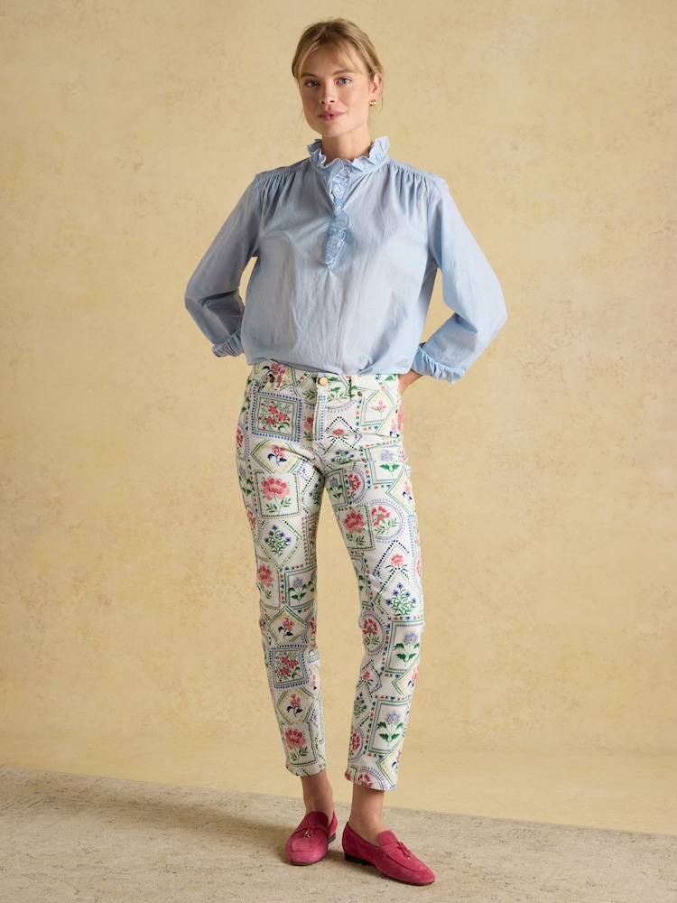 Joules Melanie Blue/White Cotton Ruffle Blouse - Image 7 of 8