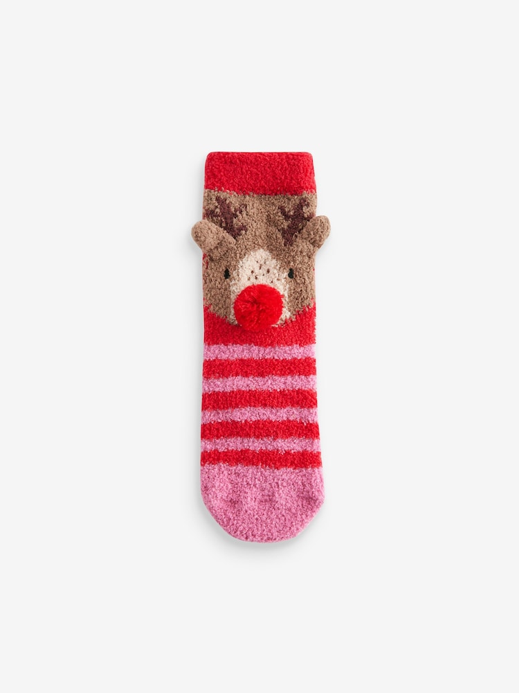 Red/Pink Reindeer Christmas Cosy Ankle Socks - Image 1 of 1