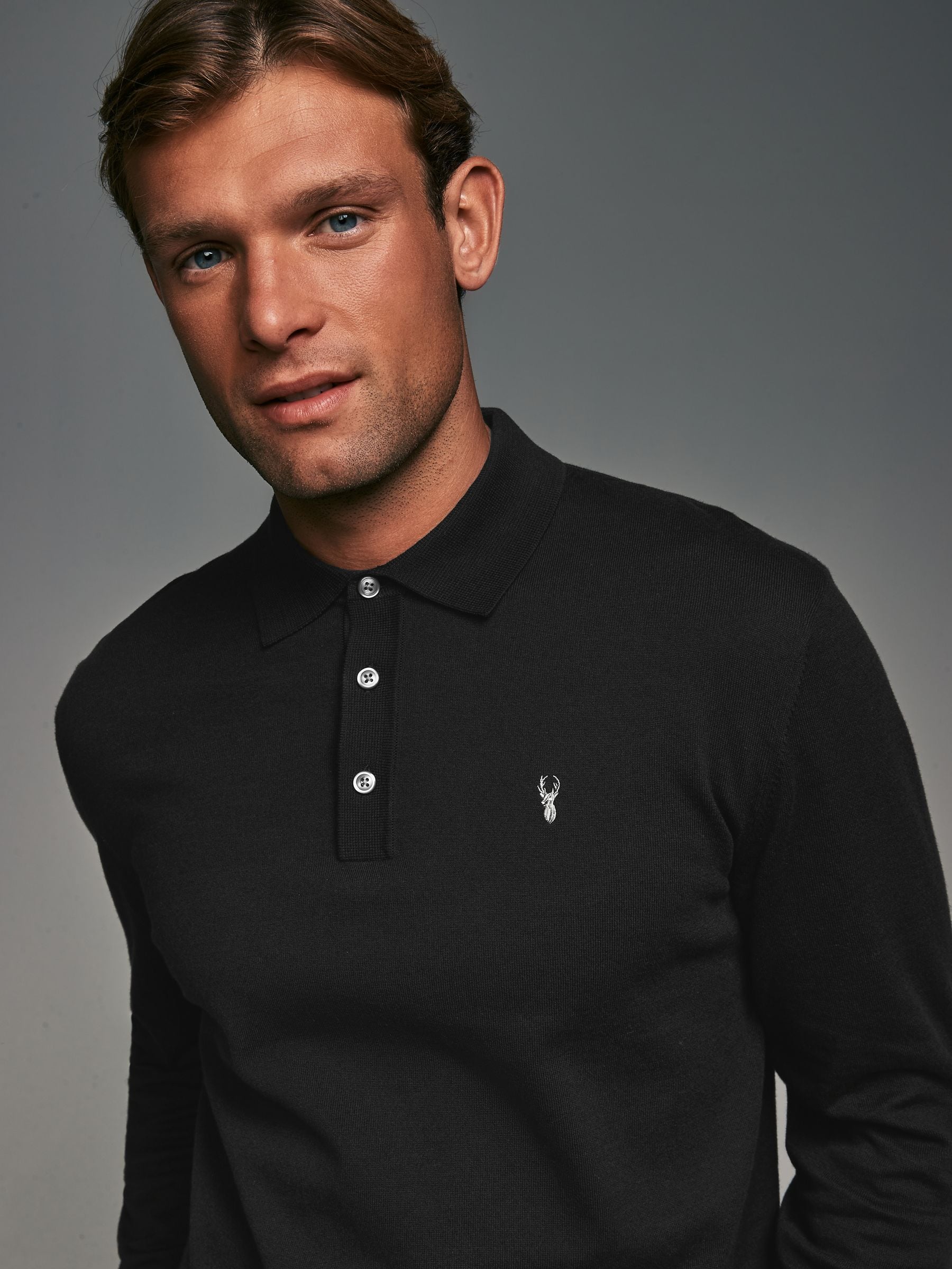 Buy Black Stag Logo Regular Fit Knitted Long Sleeve Polo Shirt from Next USA