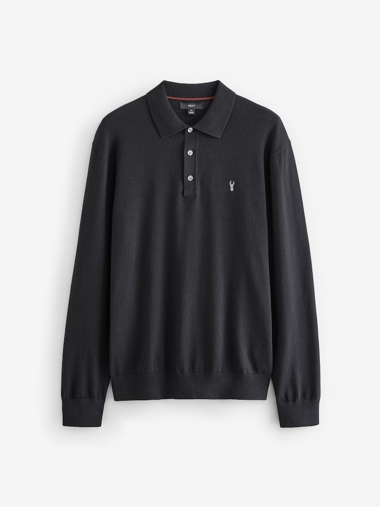 Black Stag Logo Regular Fit Knitted Long Sleeve Polo Shirt - Image 6 of 8