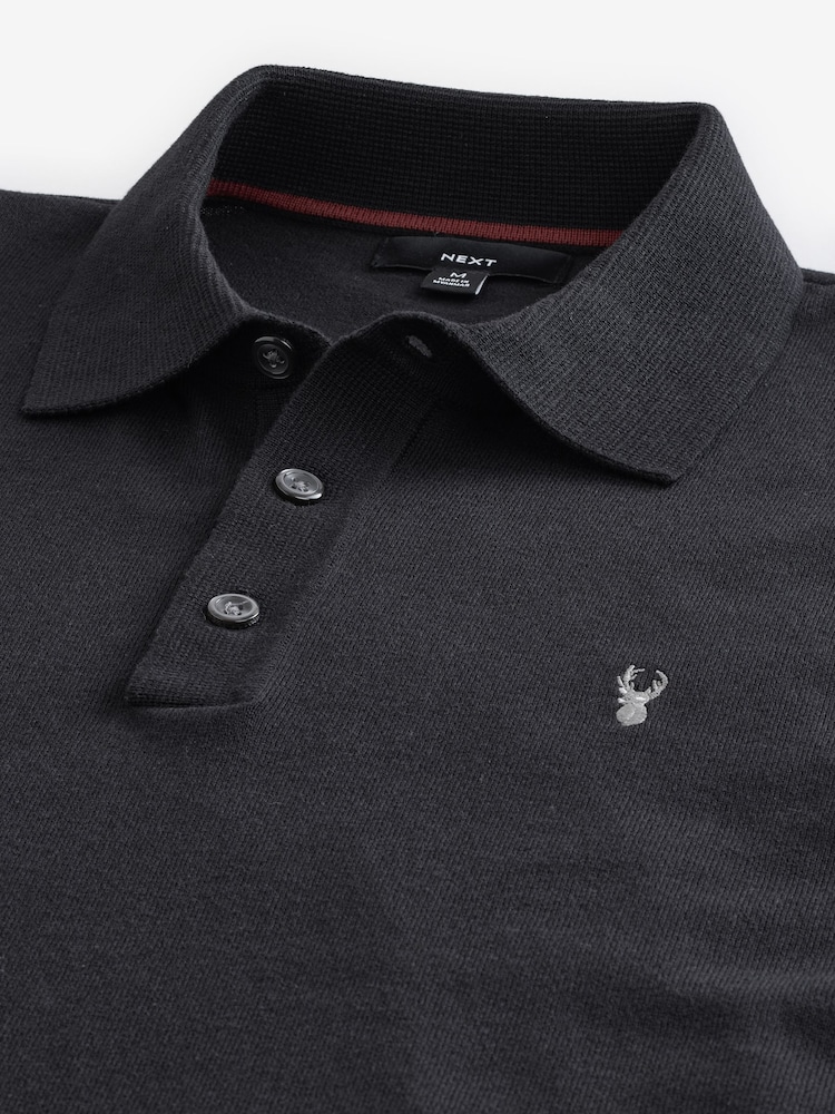 Black Stag Logo Regular Fit Knitted Long Sleeve Polo Shirt - Image 7 of 8