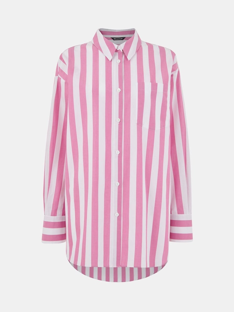 Whistles Pink Oversized 100% Cotton Stripe Shirt - Image 5 of 5