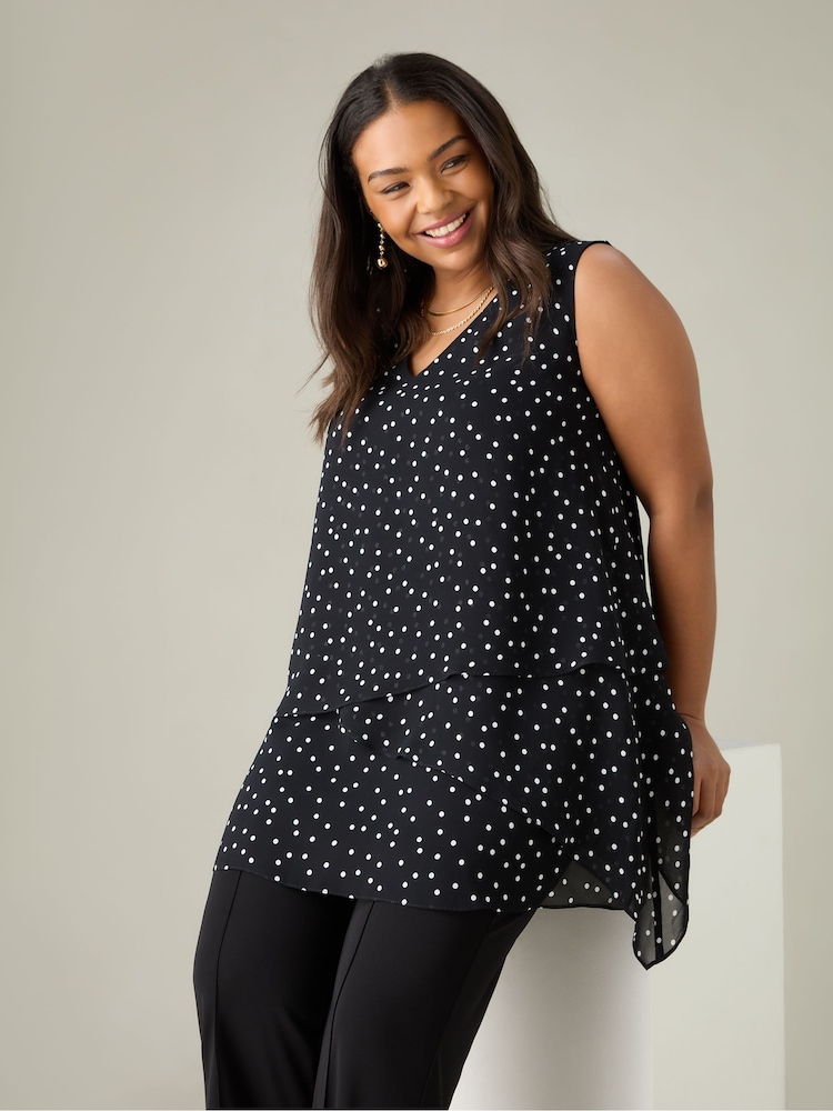 Live Unlimited Black Curve Petite Mono Spot Print Layered Tunic - Image 1 of 6