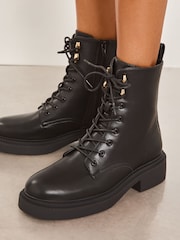 Lipsy Black Biker Chunky Lace up Flat Faux Leather Ankle Boot - Image 2 of 4