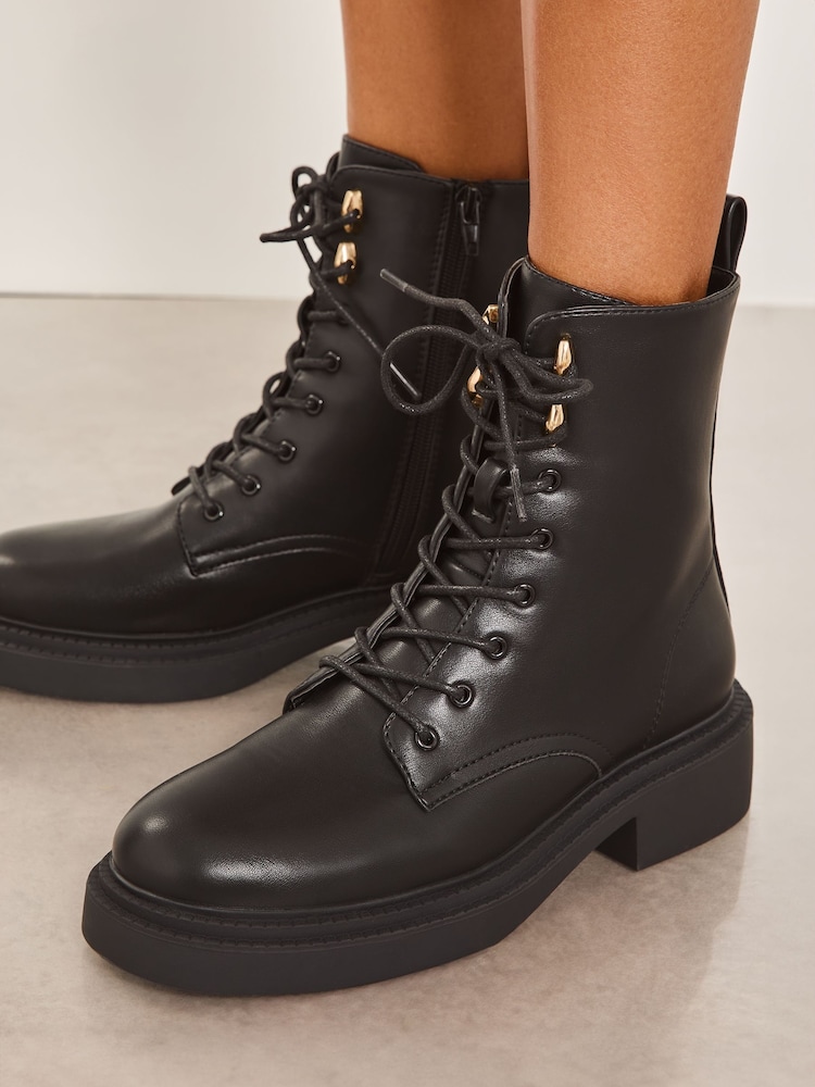 Lipsy Black Biker Chunky Lace up Flat Faux Leather Ankle Boot - Image 2 of 4