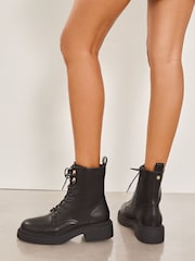 Lipsy Black Biker Chunky Lace up Flat Faux Leather Ankle Boot - Image 3 of 4
