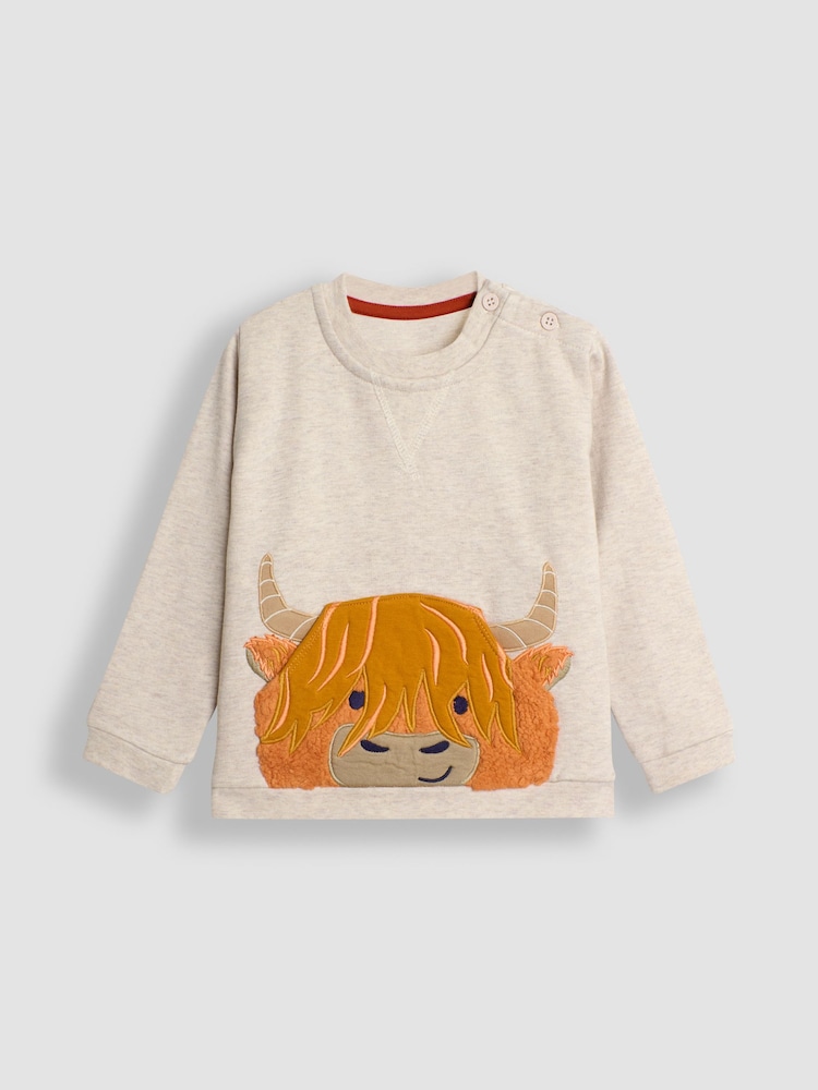 JoJo Maman Bébé Ecru Highland Cow Appliqué Sweatshirt - Image 1 of 3