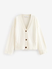 White Ecru Soft Touch Seam Detail Button Through Knitted Cardigan with Wool - Image 1 of 8