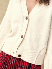 White Ecru Soft Touch Seam Detail Button Through Knitted Cardigan with Wool - Image 5 of 8