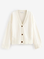 White Ecru Soft Touch Seam Detail Button Through Knitted Cardigan with Wool - Image 6 of 8