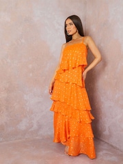 Chi Chi London Orange Cami Foil Spot Print Tiered Maxi Dress - Image 1 of 5