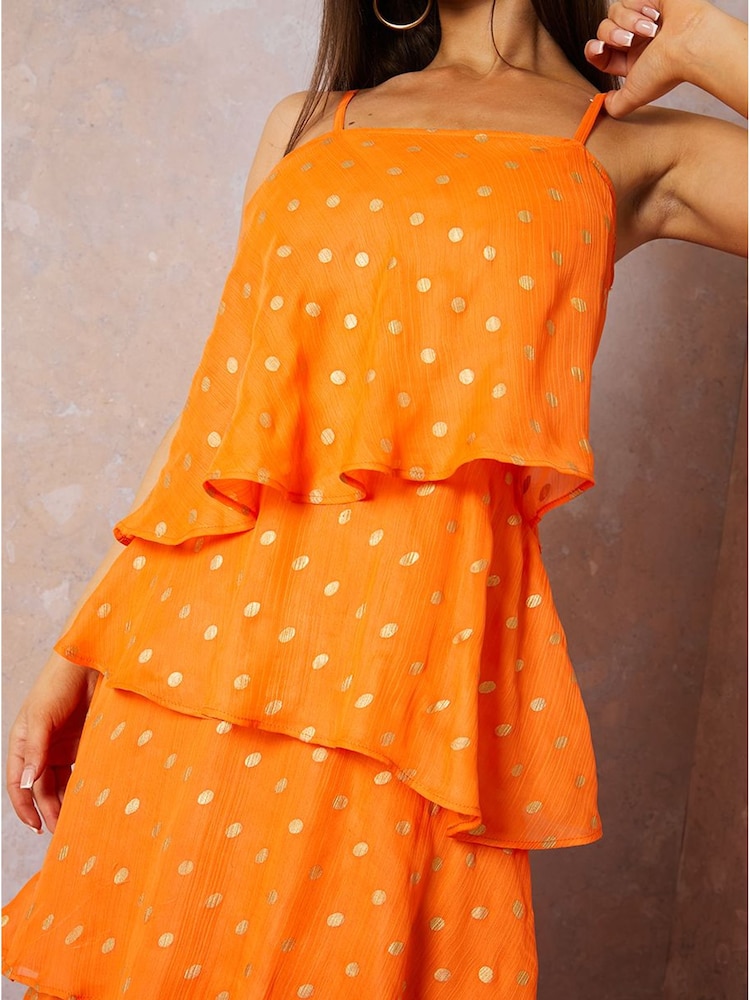 Chi Chi London Orange Cami Foil Spot Print Tiered Maxi Dress - Image 2 of 5