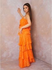 Chi Chi London Orange Cami Foil Spot Print Tiered Maxi Dress - Image 3 of 5