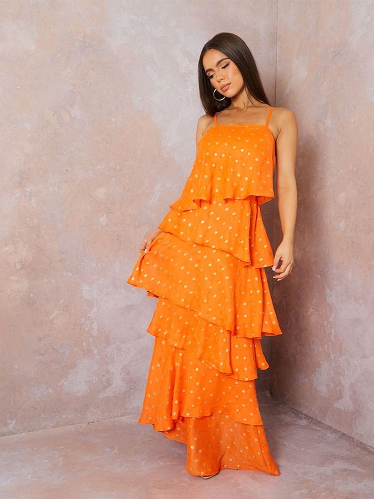 Chi Chi London Orange Cami Foil Spot Print Tiered Maxi Dress - Image 5 of 5