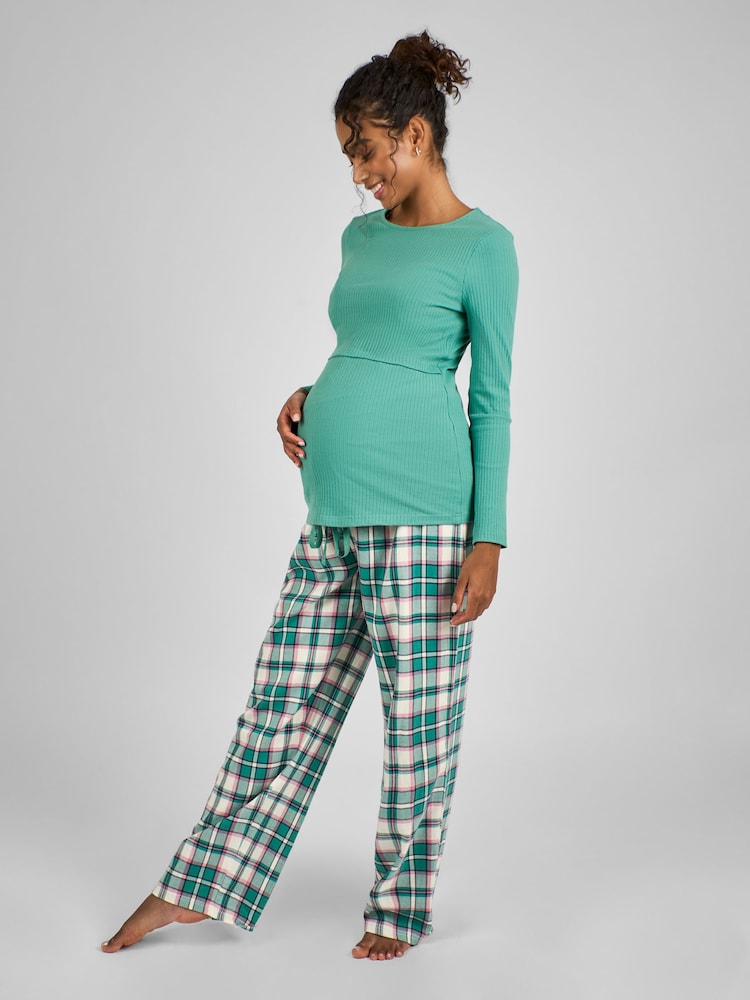 JoJo Maman Bébé Sage Green Check Maternity And Nursing Pyjamas Set - Image 1 of 6