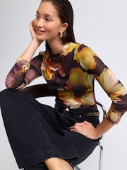 Black/Pink Floral Print Long Sleeve Floral Mesh Top - Image 1 of 7