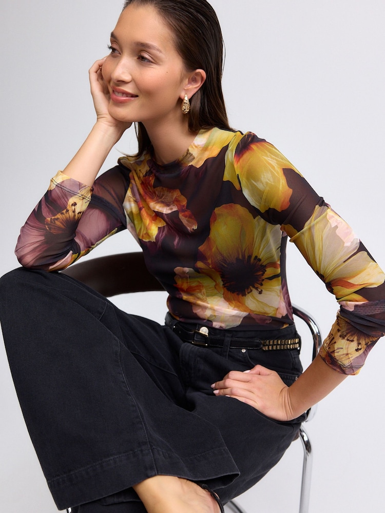 Black/Pink Floral Print Long Sleeve Floral Mesh Top - Image 1 of 7