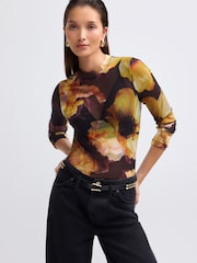 Black/Pink Floral Print Long Sleeve Floral Mesh Top - Image 2 of 7