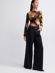 Black/Pink Floral Print Long Sleeve Floral Mesh Top - Image 3 of 7