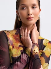 Black/Pink Floral Print Long Sleeve Floral Mesh Top - Image 5 of 7