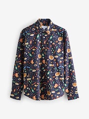 Navy Blue Christmas Dinner Long Sleeve Christmas Print 100% Cotton Oxford Shirt - Image 7 of 8