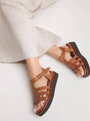 JD Williams Brown Extra Wide Fit Leather Fisherman Sandals - Image 1 of 4