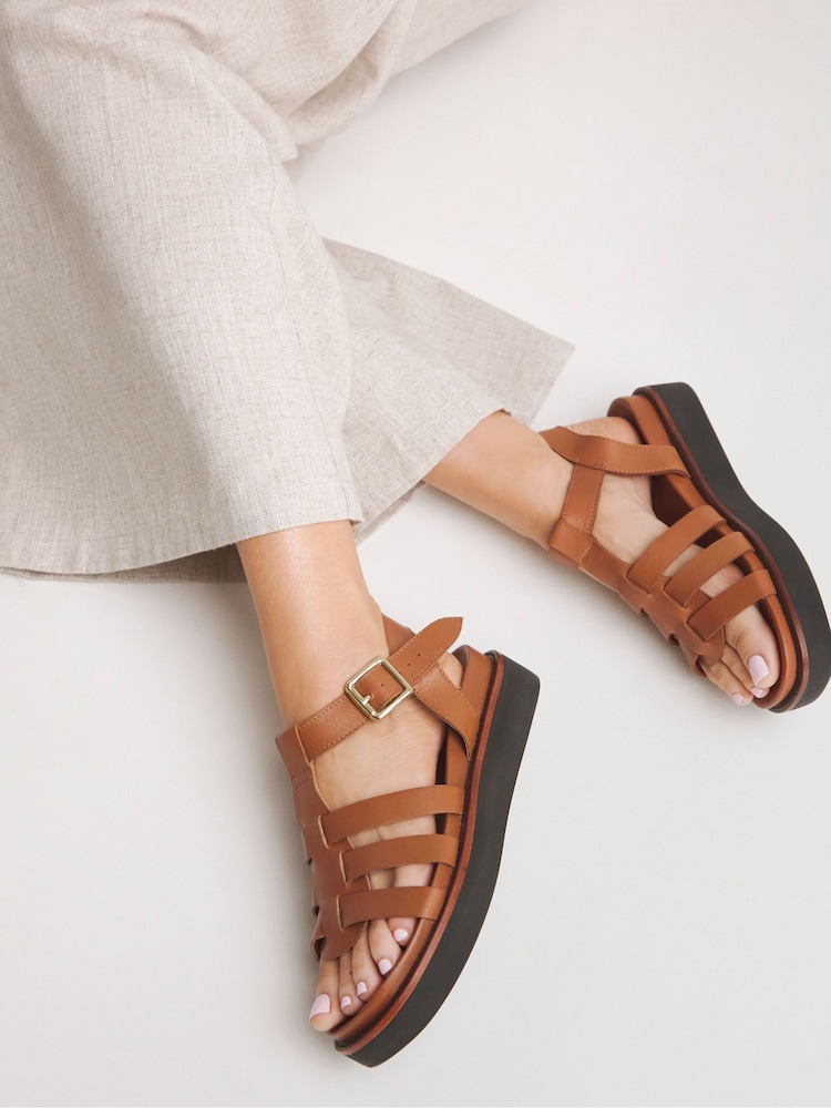 JD Williams Brown Extra Wide Fit Leather Fisherman Sandals - Image 1 of 4