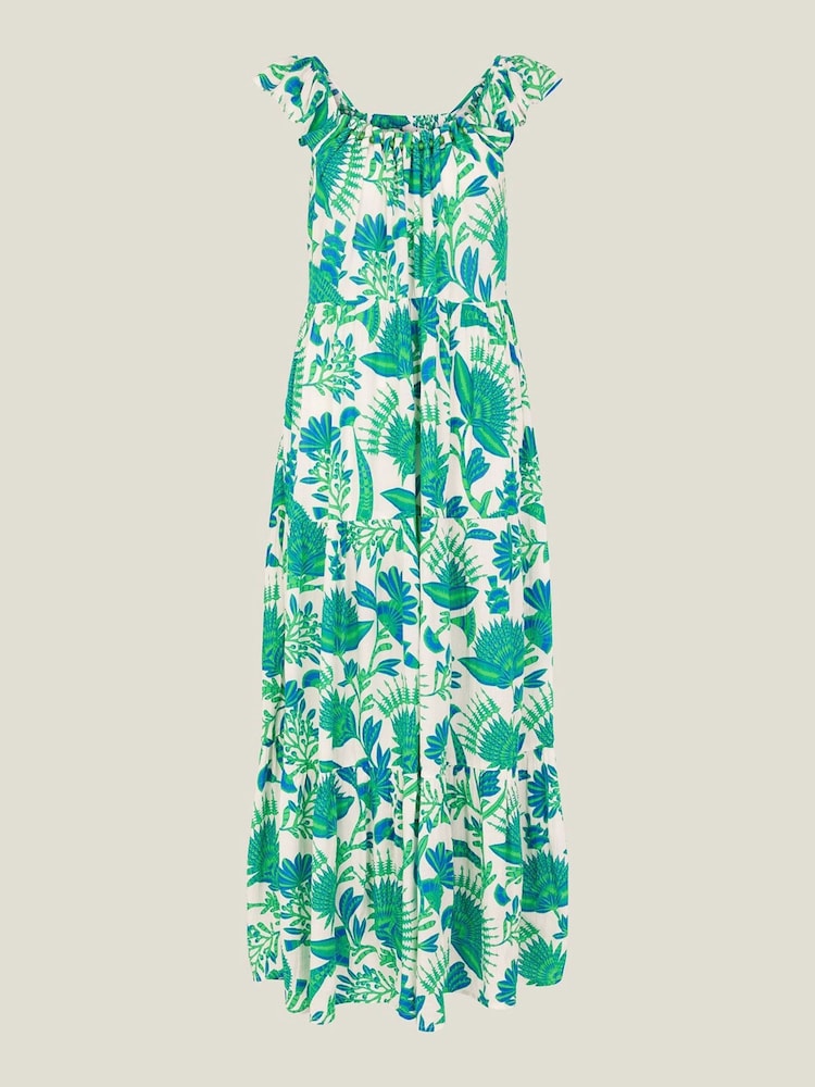 Accessorize Green/White Fan Print Beaded Tiered Dress - Image 1 of 2