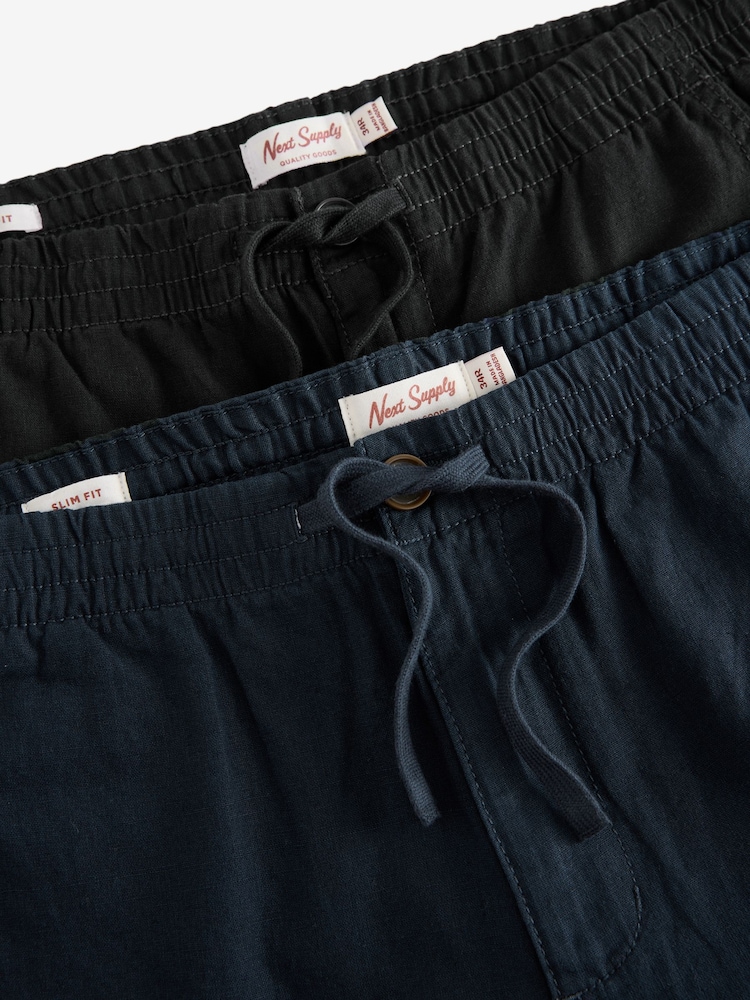 Navy Blue/Charcoal Grey Linen Cotton Elasticated Drawstring Trousers 2 Pack - Image 12 of 14