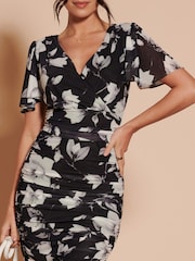 Jolie Moi Black Wrap Front Mesh Bodycon Dress - Image 3 of 6