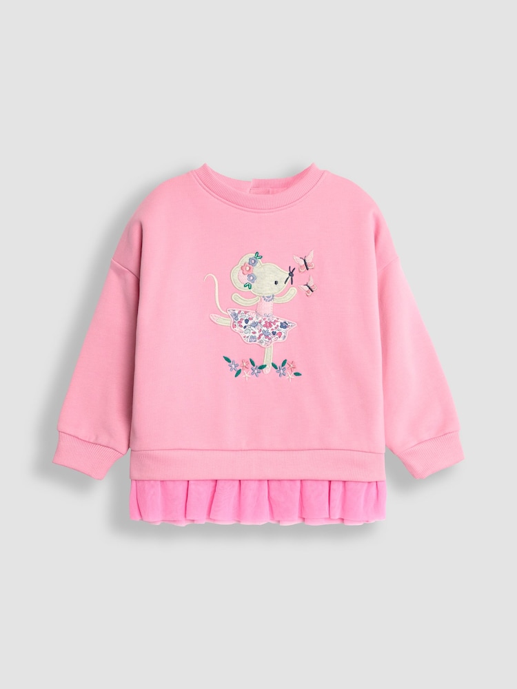 JoJo Maman Bébé Rose Pink Mouse Appliqué Tulle Frill Sweatshirt - Image 1 of 3
