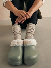 Khaki Green Faux Fur Lined Platform Clog Slippers - Image 2 of 7