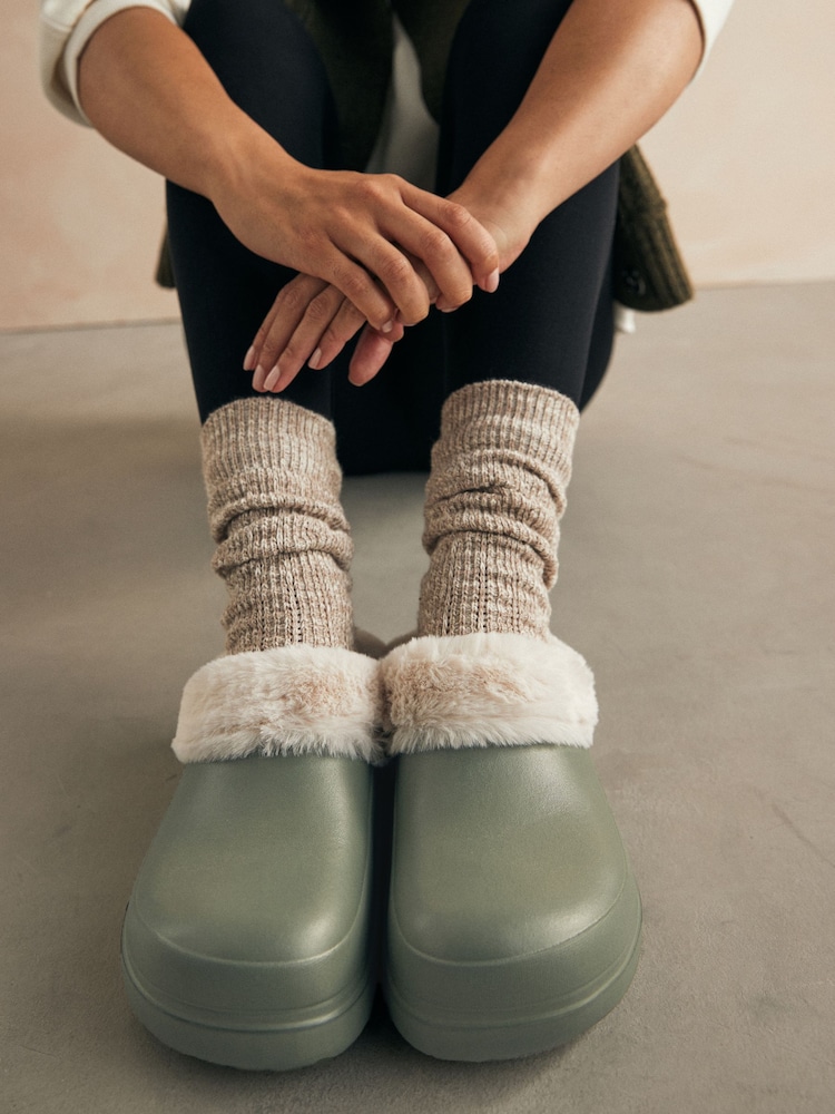 Khaki Green Faux Fur Lined Platform Clog Slippers - Image 2 of 7