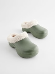 Khaki Green Faux Fur Lined Platform Clog Slippers - Image 3 of 7