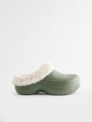 Khaki Green Faux Fur Lined Platform Clog Slippers - Image 4 of 7