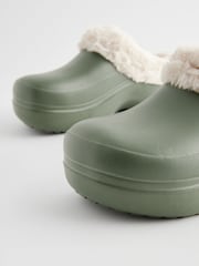 Khaki Green Faux Fur Lined Platform Clog Slippers - Image 6 of 7