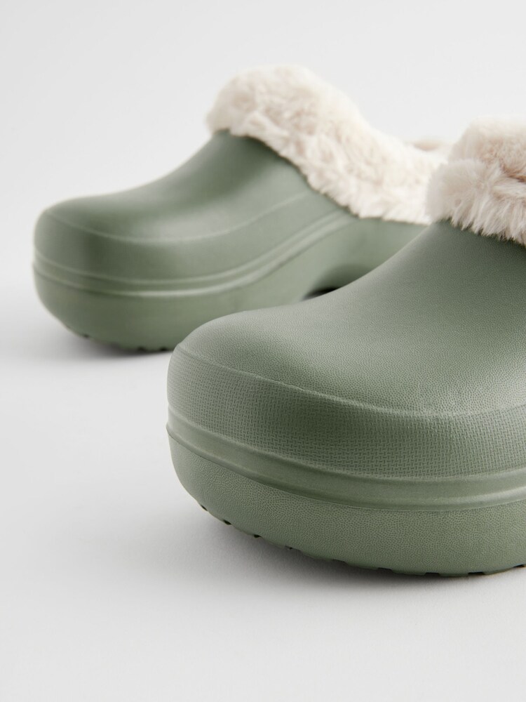 Buy Khaki Green Faux Fur Lined Platform Clog Slippers from Next Poland