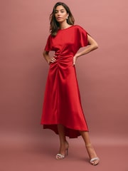 Scarlet Red Ruched Satin Crinkle Midi Dress - Image 1 of 3