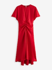 Scarlet Red Ruched Satin Crinkle Midi Dress - Image 2 of 3