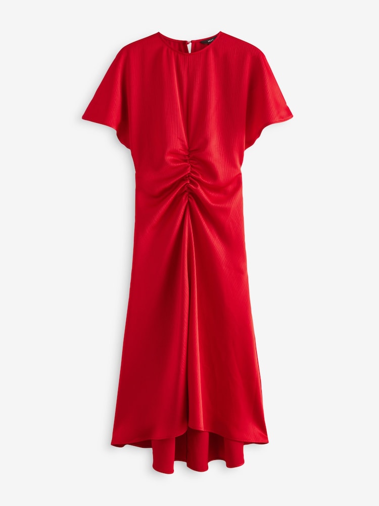 Scarlet Red Ruched Satin Crinkle Midi Dress - Image 2 of 3