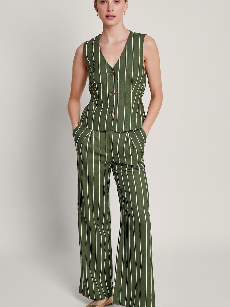 Monsoon Green Susan Stripe Trousers In Linen Blend - Image 2 of 4