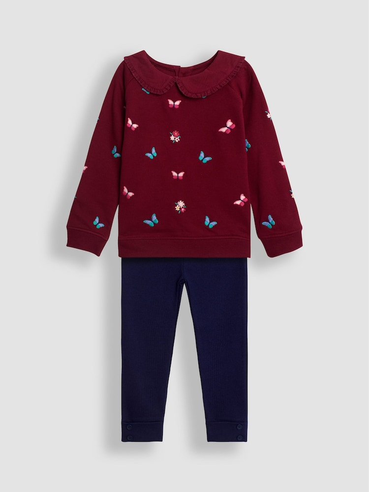 JoJo Maman Bébé Raspberry Butterfly Embroidered Sweatshirt And Leggings Set - Image 1 of 6