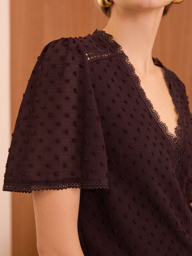 Love & Roses Red Petite Dobby Flutter Sleeve Blouse - Image 2 of 4