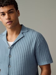 Blue Regular Fit 100% Cotton Short Sleeve Cuban Collar Textured Knit Shirt - Image 1 of 7