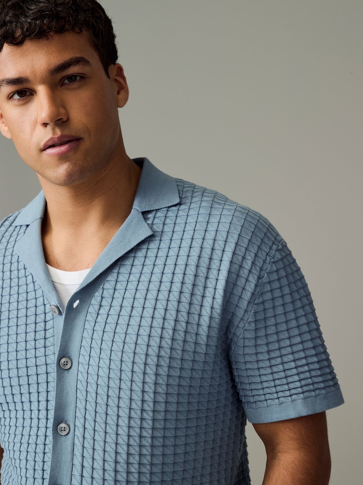 Blue Regular Fit 100% Cotton Short Sleeve Cuban Collar Textured Knit Shirt - Image 1 of 7