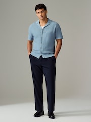 Blue Regular Fit 100% Cotton Short Sleeve Cuban Collar Textured Knit Shirt - Image 2 of 7