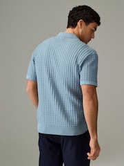Blue Regular Fit 100% Cotton Short Sleeve Cuban Collar Textured Knit Shirt - Image 3 of 7